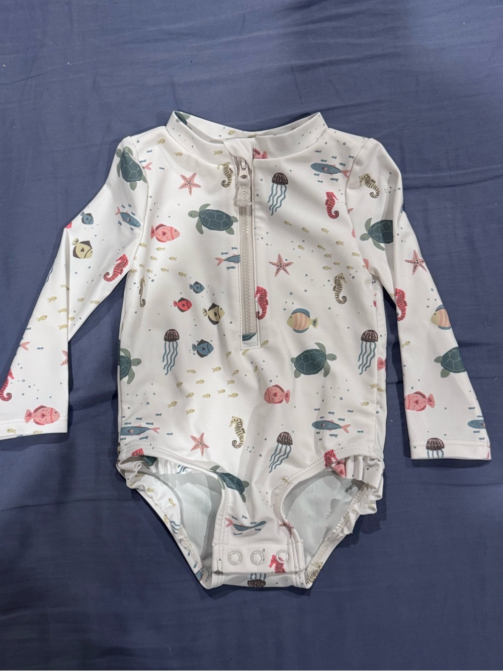 Long-Sleeve Kids Swim Bodysuit in White with Sea Life Print
